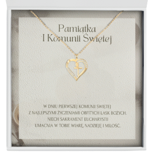 Prezent na komunię - Złoty łańcuszek serce z krzyżem - zbliżenie