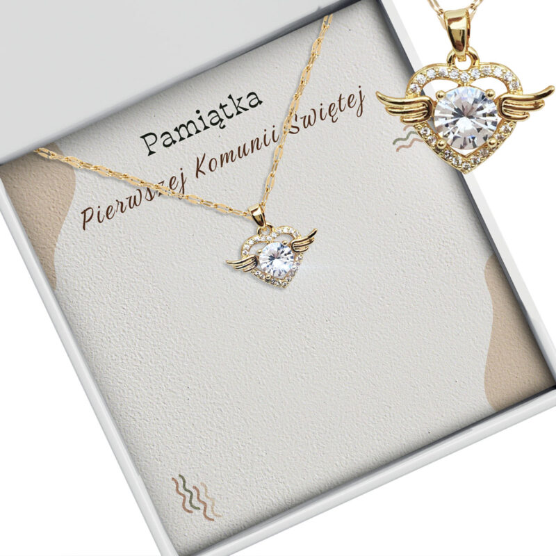 Naszyjnik serce ze skrzydłami - Prezent na komunie