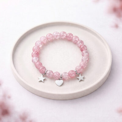 Bransoletka z gwiazdkami - Bransoletka na gumce z Różowego Kryształu Górskiego