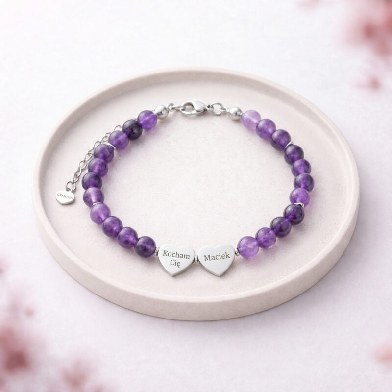 Bransoletka z grawerem, srebrne dodatki - ametyst