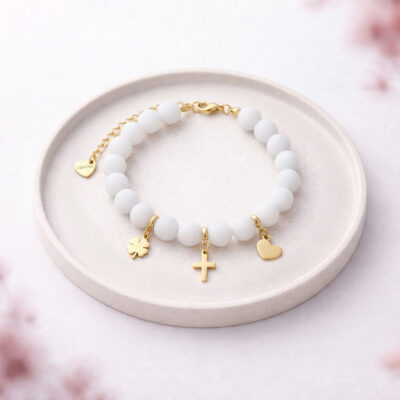 Bransoletka regulowana z krzyżykiem - Agat biały