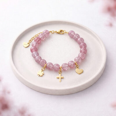 Bransoletka z kamieni różowy Kryształ Górski - Regulowana bransoletka ze złotymi zawieszkami