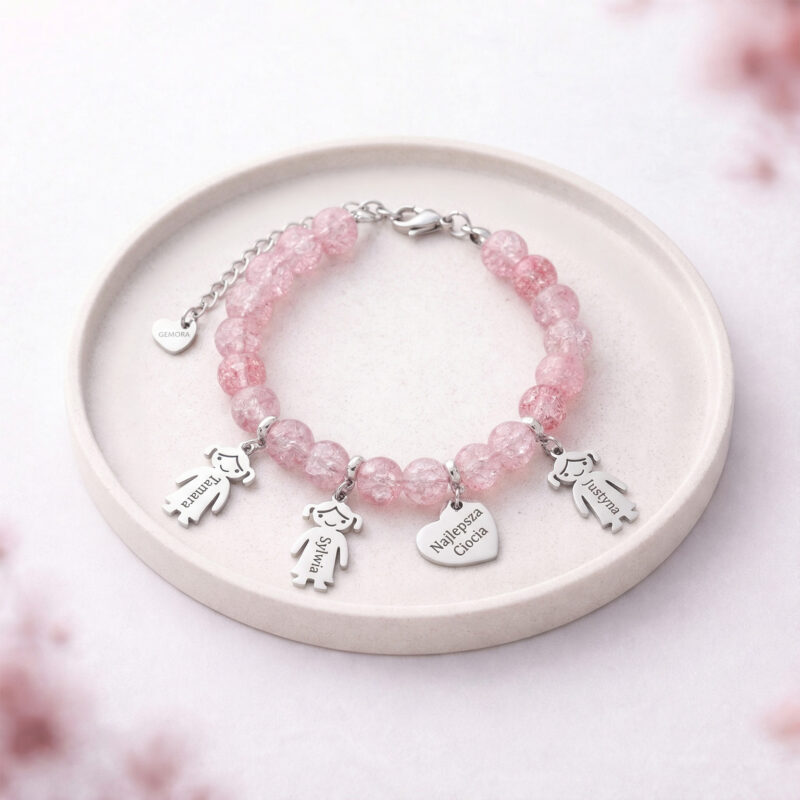 GEMORA_BRANSOLETKI_TACKA_ZAWIESZKI ROZOWY 1 Różowa bransoletka z imionami dzieci lub wnuków. Prezent dla mamy lub Babci