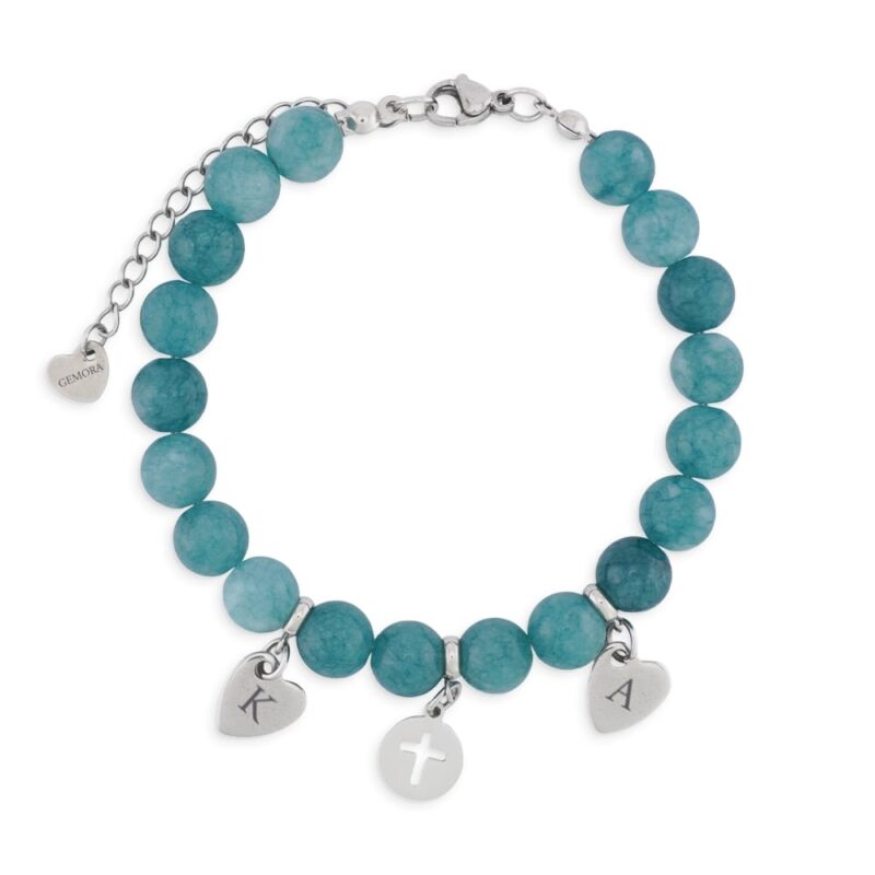 GEMORA_Bransoletka_2sercakrzyz_regulacja_srebrny_morski Bransoletka z zawieszkami w kształcie liter