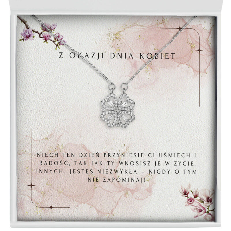 srebrna koniczyna prosto (1) Zbliżenie na naszyjnik srebrna koniczynka z dedykacją