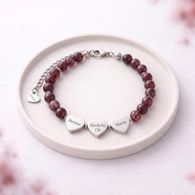 Czerwony-granat-3-serca-bransoletka Bransoletka z czerwonego granatu - złota lub srebrna + grawer