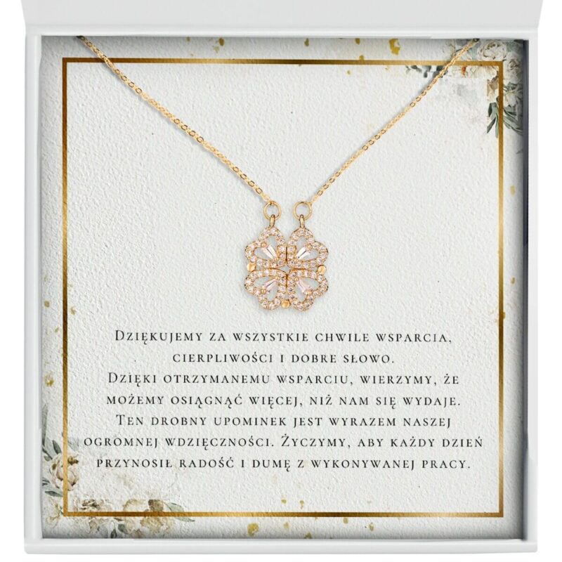 zlota koniczyna prosto 2 (1) Złoty naszyjnik z dedykacją - Prezent dla nauczycielki od uczniów