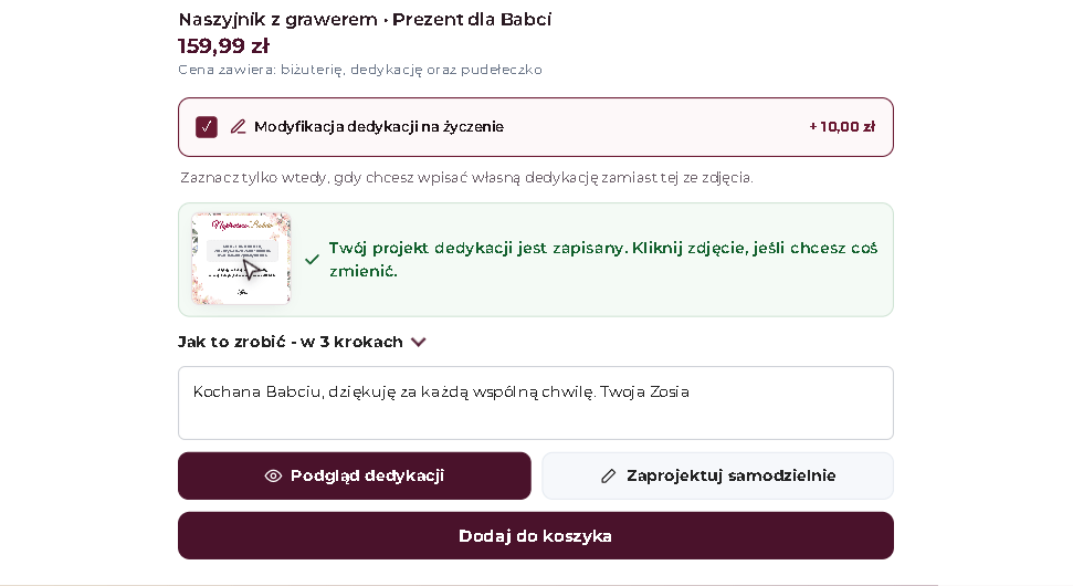 Zapisany projekt dedykacji na stronie produktu Gemora przed dodaniem do koszyka